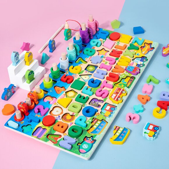 Montessori Educational Wooden Toys For Kids 7 in 1 Board Math Fishing Numbers - Picture 1 of 8